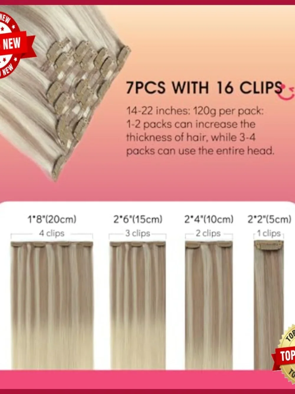 14 Inch Clip-In Human Hair Extensions, 120g Straight, 7 Pieces